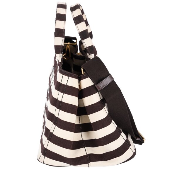 PRADA Canapa Large Canvas Tote Bag Brown White Stripe Shoulder Bag - Picture 7 of 16